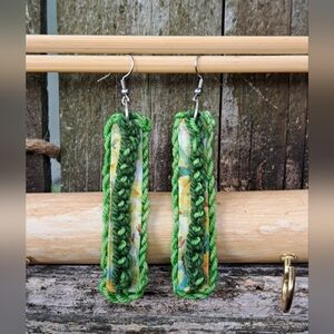 Rectangle Earrings Crochet Elements Green Hand Dyed Yarn Yellow Floral Cotton